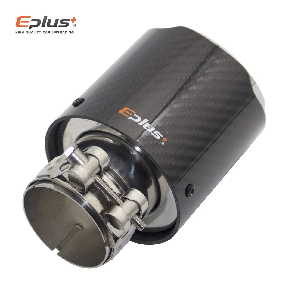 EPLUS Car Glossy Carbon Fiber Muffler Tip Exhaust System Pipe Mufflers Nozzle Universal Straight Stainless Silver