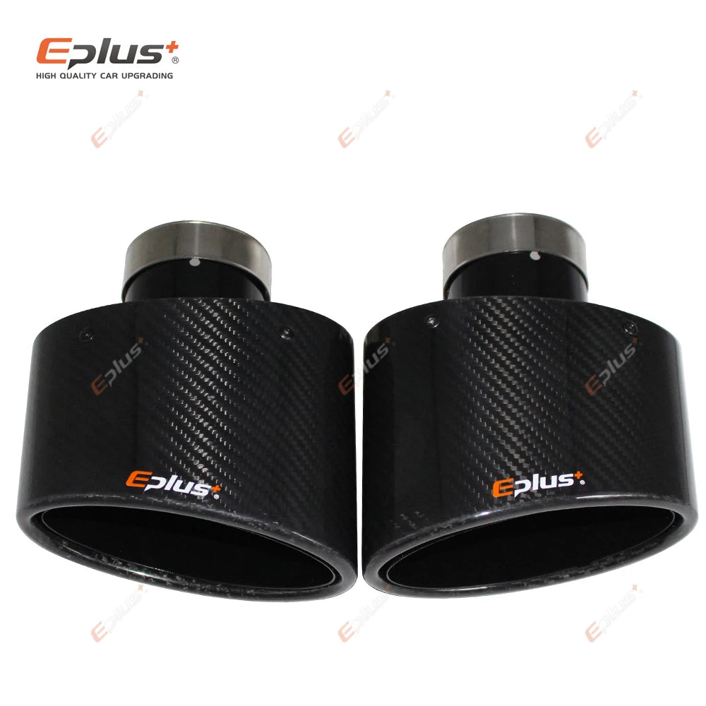 EPLUS Gloss Carbon Fiber Car Muffler Tip Exhaust Pipe Nozzle Decoration Universal Stainless Black Oval 150mm Tilting Left Right