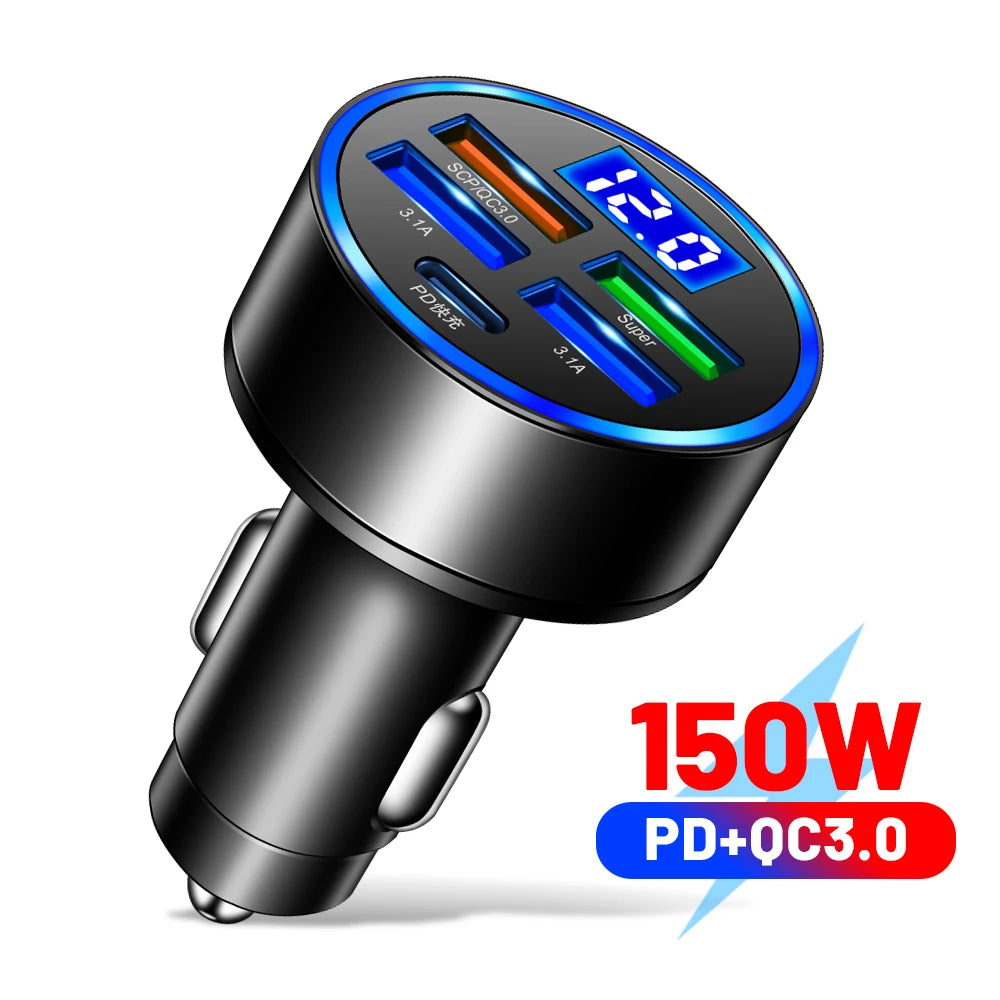 Car Charger250W 6 Ports Fast Charging PD QC3.0 USB C Car Phone Charger Type C Adapter in Car For iPhone Samsung Huawei Xiaomi