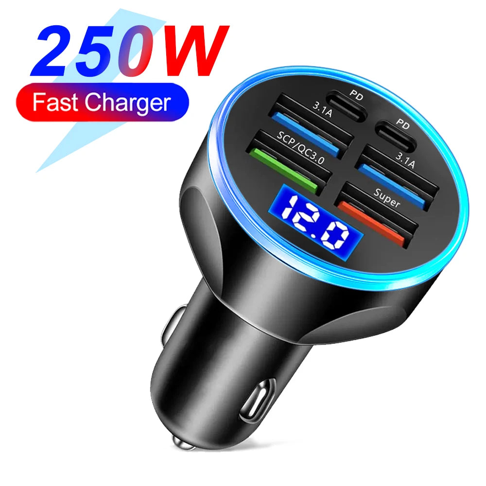 Car Charger250W 6 Ports Fast Charging PD QC3.0 USB C Car Phone Charger Type C Adapter in Car For iPhone Samsung Huawei Xiaomi