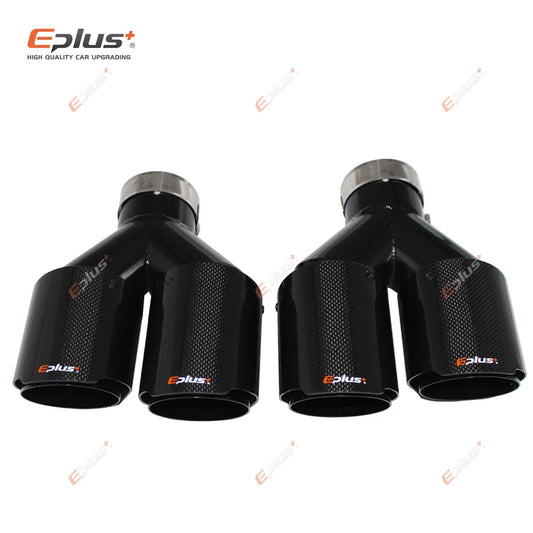 EPLUS Car Carbon Fiber Glossy Muffler Tip Y Shape Double Exit Exhaust Pipe Mufflers Nozzle Decoration Universal Stainless Black