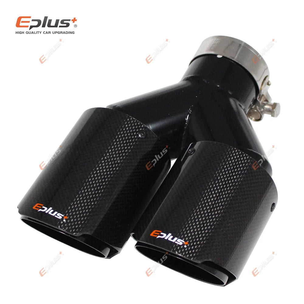 EPLUS Car Carbon Fiber Glossy Muffler Tip Y Shape Double Exit Exhaust Pipe Mufflers Nozzle Decoration Universal Stainless Black