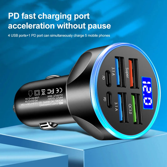 Car Charger250W 6 Ports Fast Charging PD QC3.0 USB C Car Phone Charger Type C Adapter in Car For iPhone Samsung Huawei Xiaomi