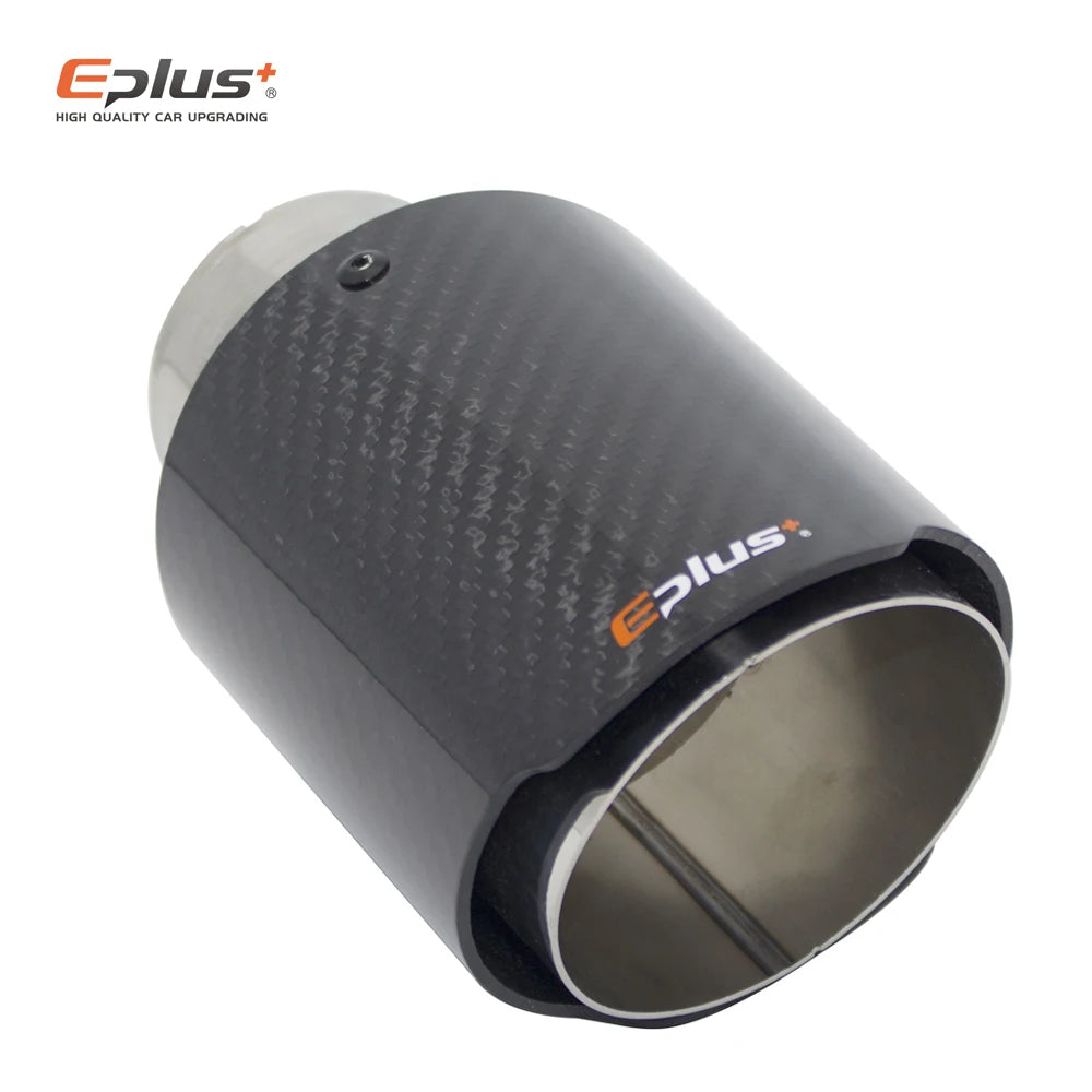 EPLUS Car Glossy Carbon Fiber Muffler Tip Exhaust System Pipe Mufflers Nozzle Universal Straight Stainless Silver